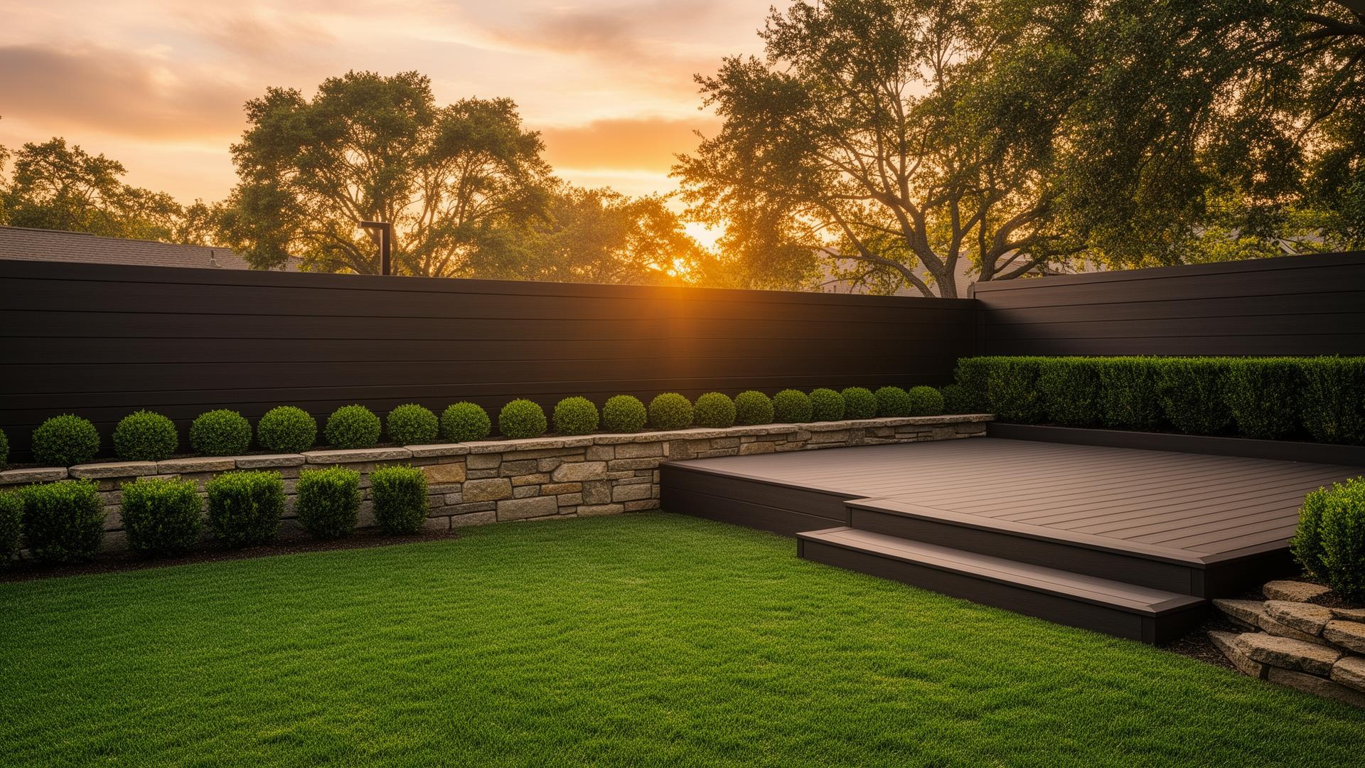 Premium landscaped backyard with deck, fence, and stone retaining wall at sunset